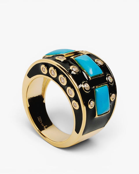 Gold-plated silver ring with black enamel, turquoise stone, and cubic zirconia