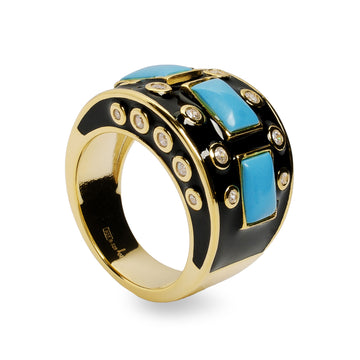 Anillo de plata chapado en oro con esmalte negro piedra turquesa y circonitas