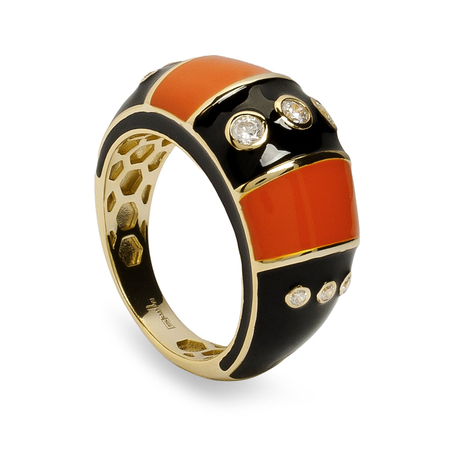 Anillo de plata chapado en oro con esmalte negro  piedra naranja y circonitas