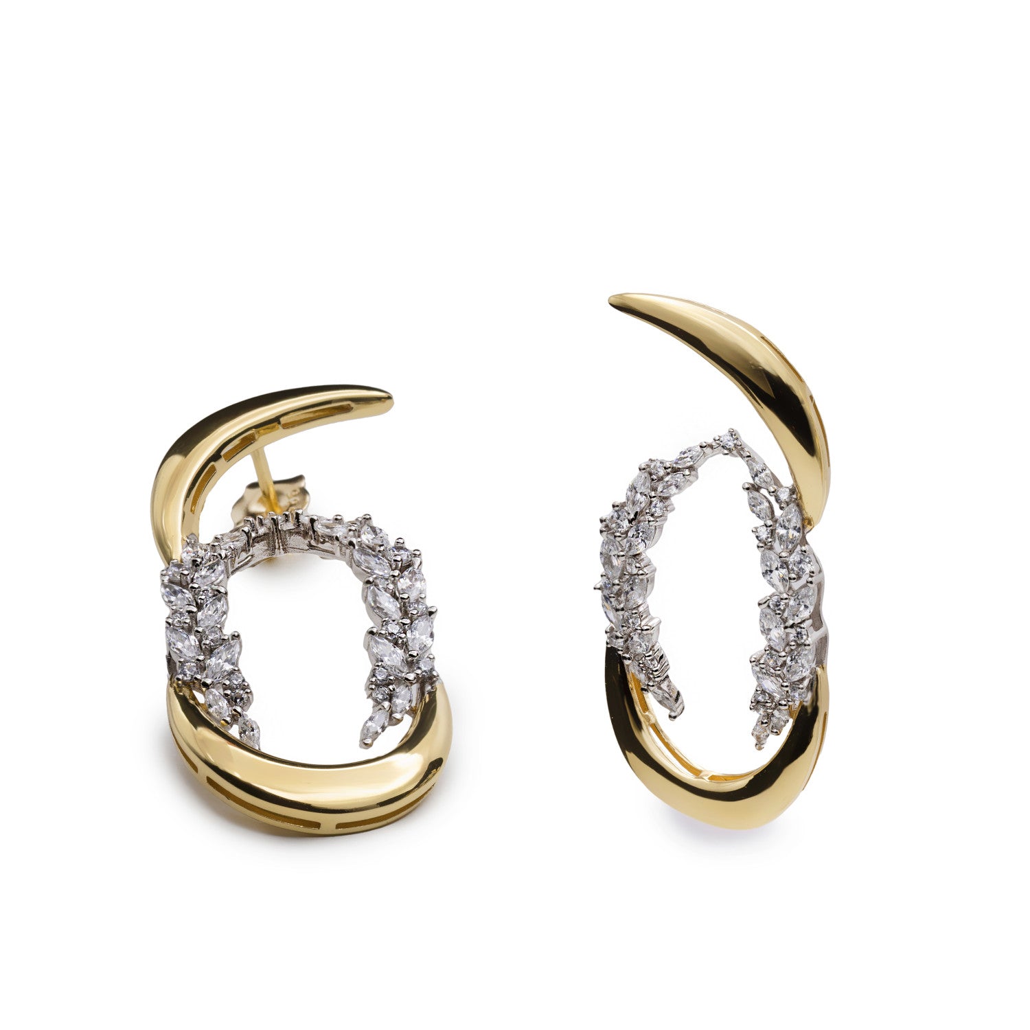 Pendientes de plata bañada en oro bicolor con circonitas – diseño orgánico