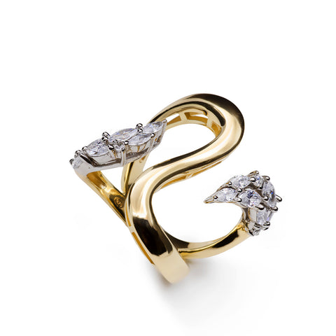 Anillo de plata bañada en oro bicolor con circonitas – diseño orgánico