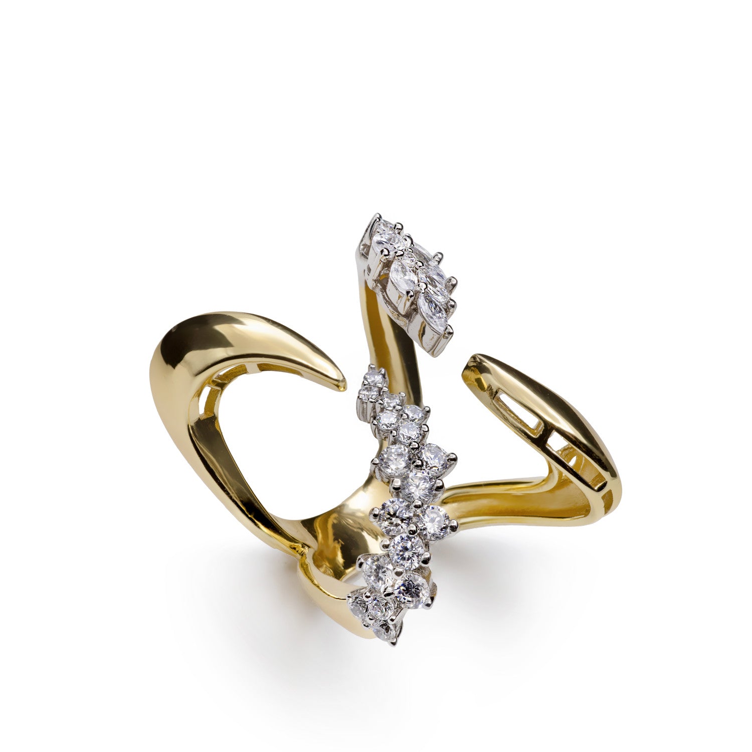 Anillo abierto de plata bañada en oro con circonitas