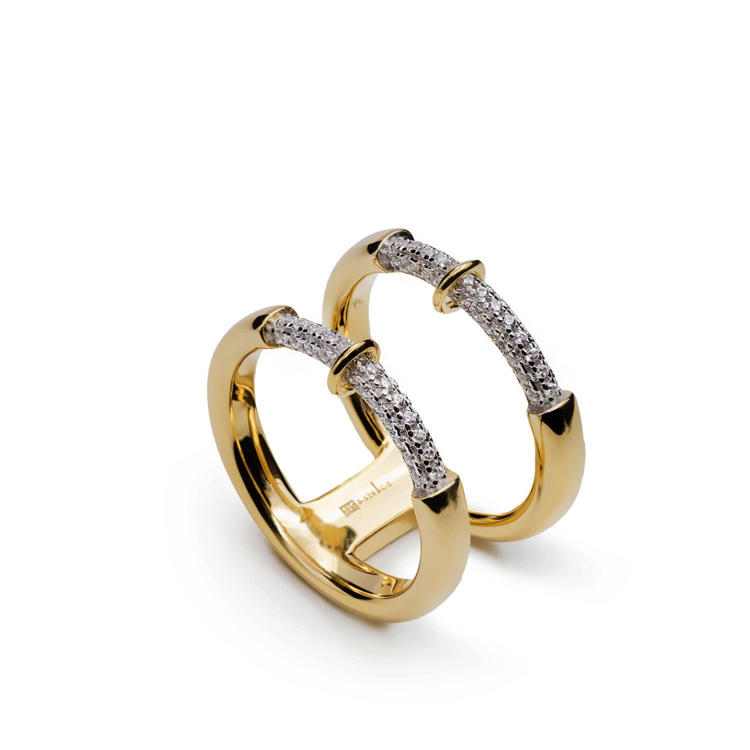 Anillo abierto bicolor de plata bañada en oro con circonitas