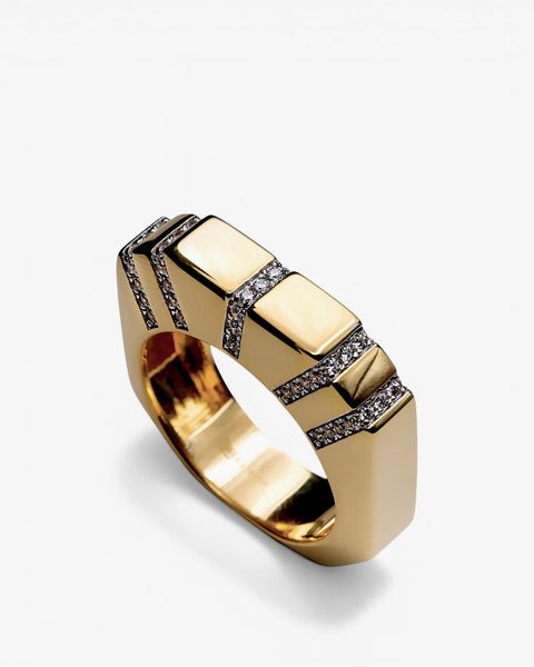 Bague large géométrique en argent plaqué or et zircons