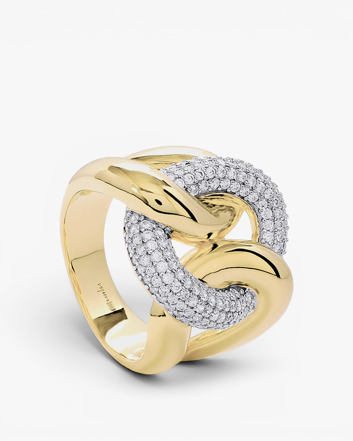 Anillo ancho de plata 925 bicolor con eslabones y circonitas
