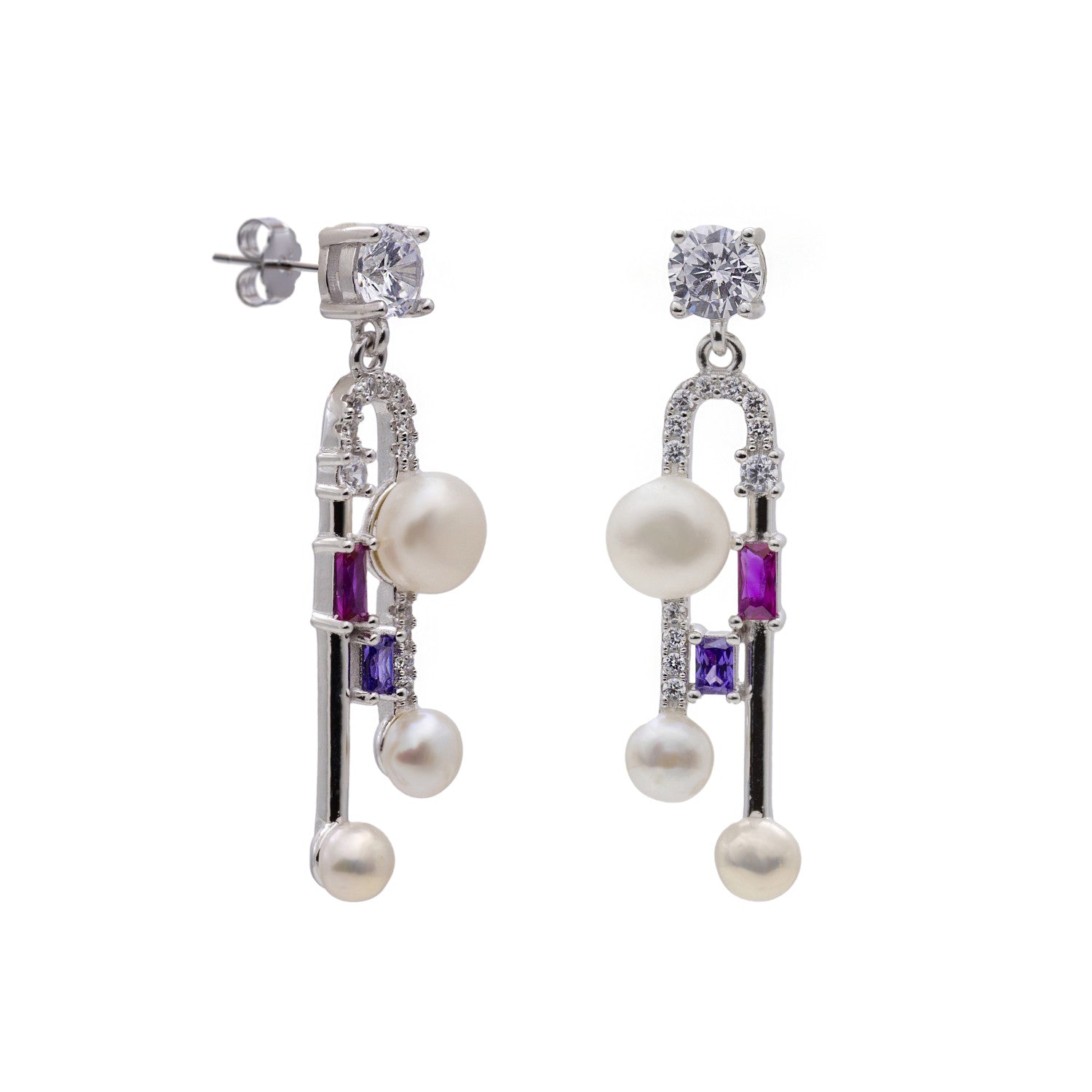 Pendientes largos de plata con perlas y piedras fucsia y lila
