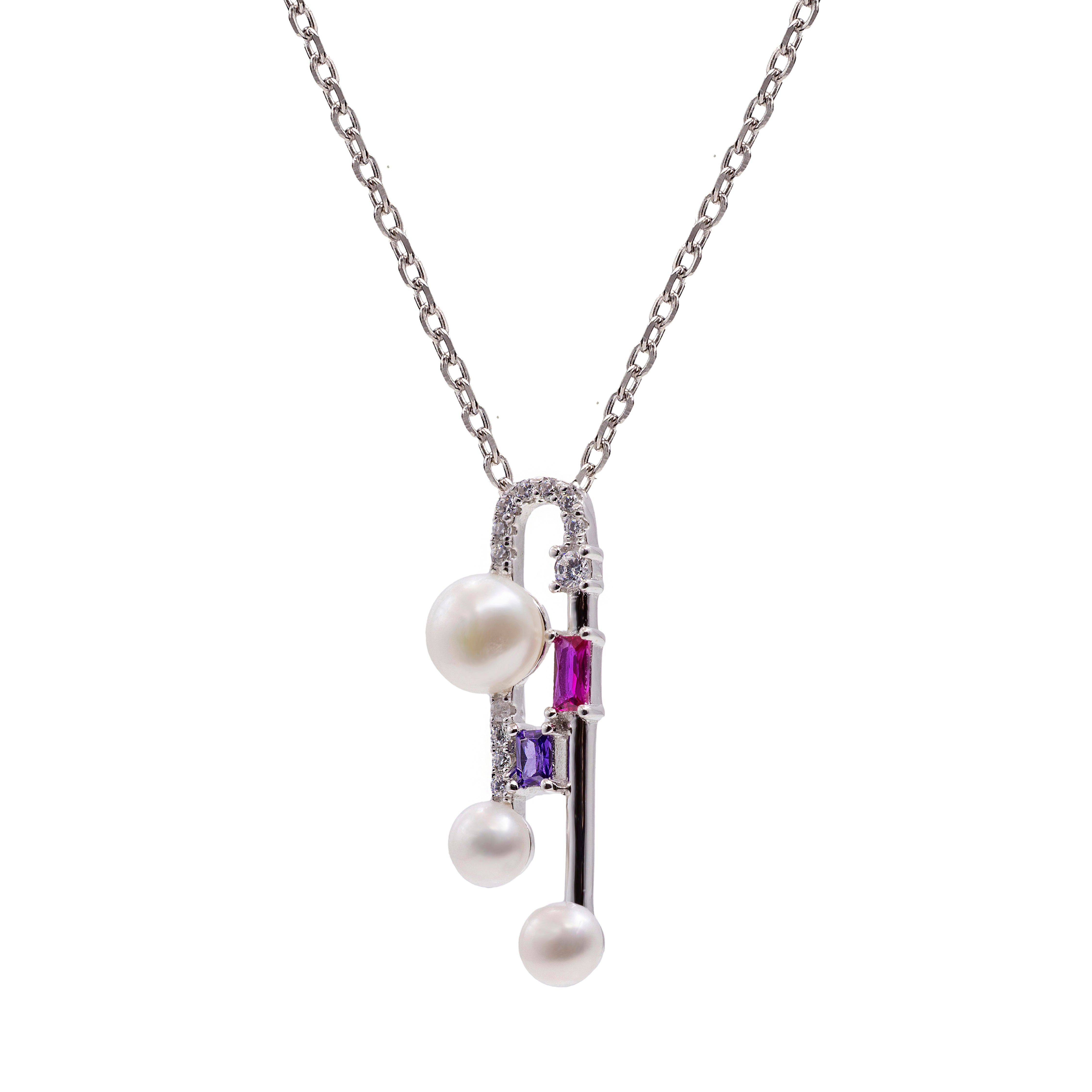 Colgante de plata con perlas y piedras fucsia y lila