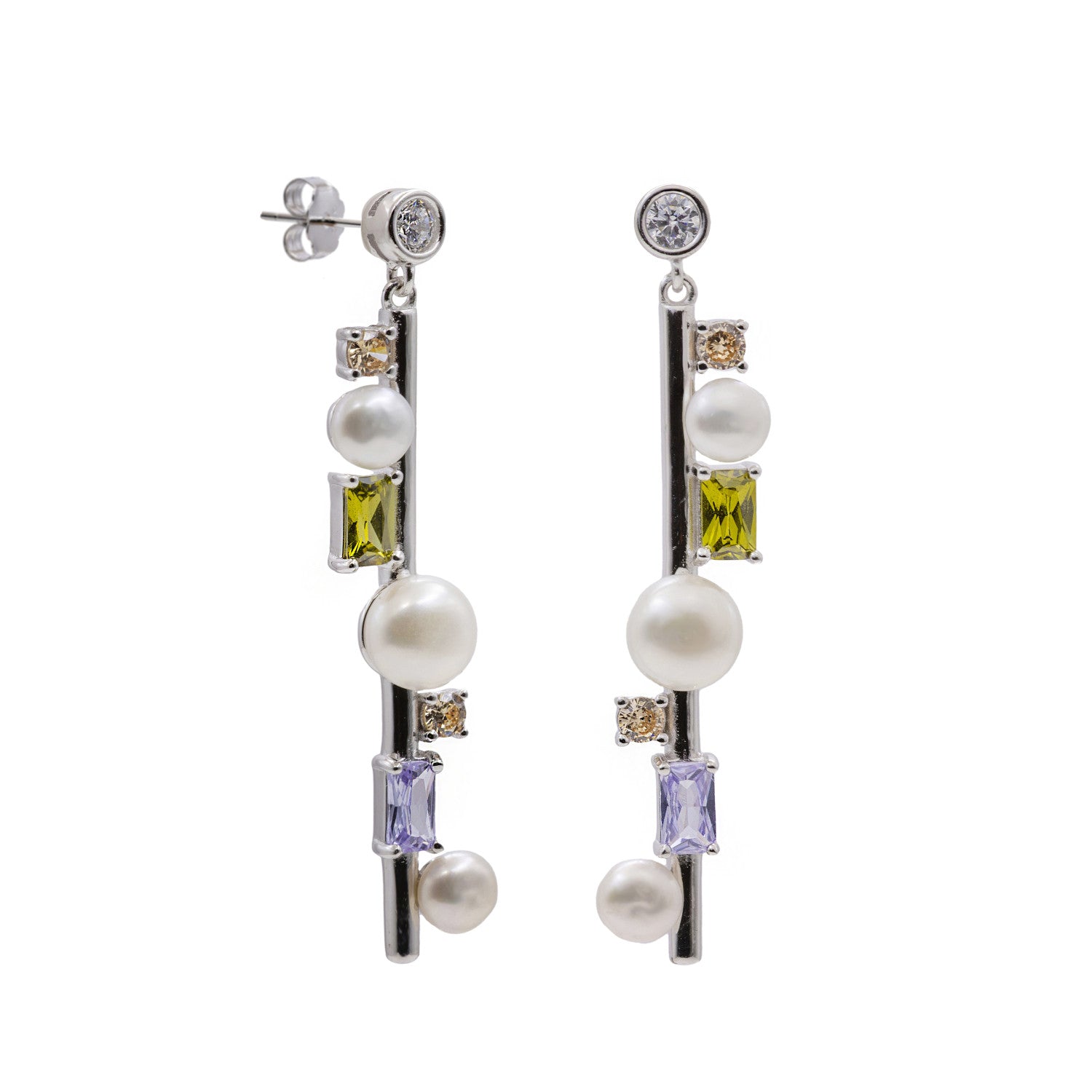Pendientes largos de plata de ley con perlas y piedras multicolor