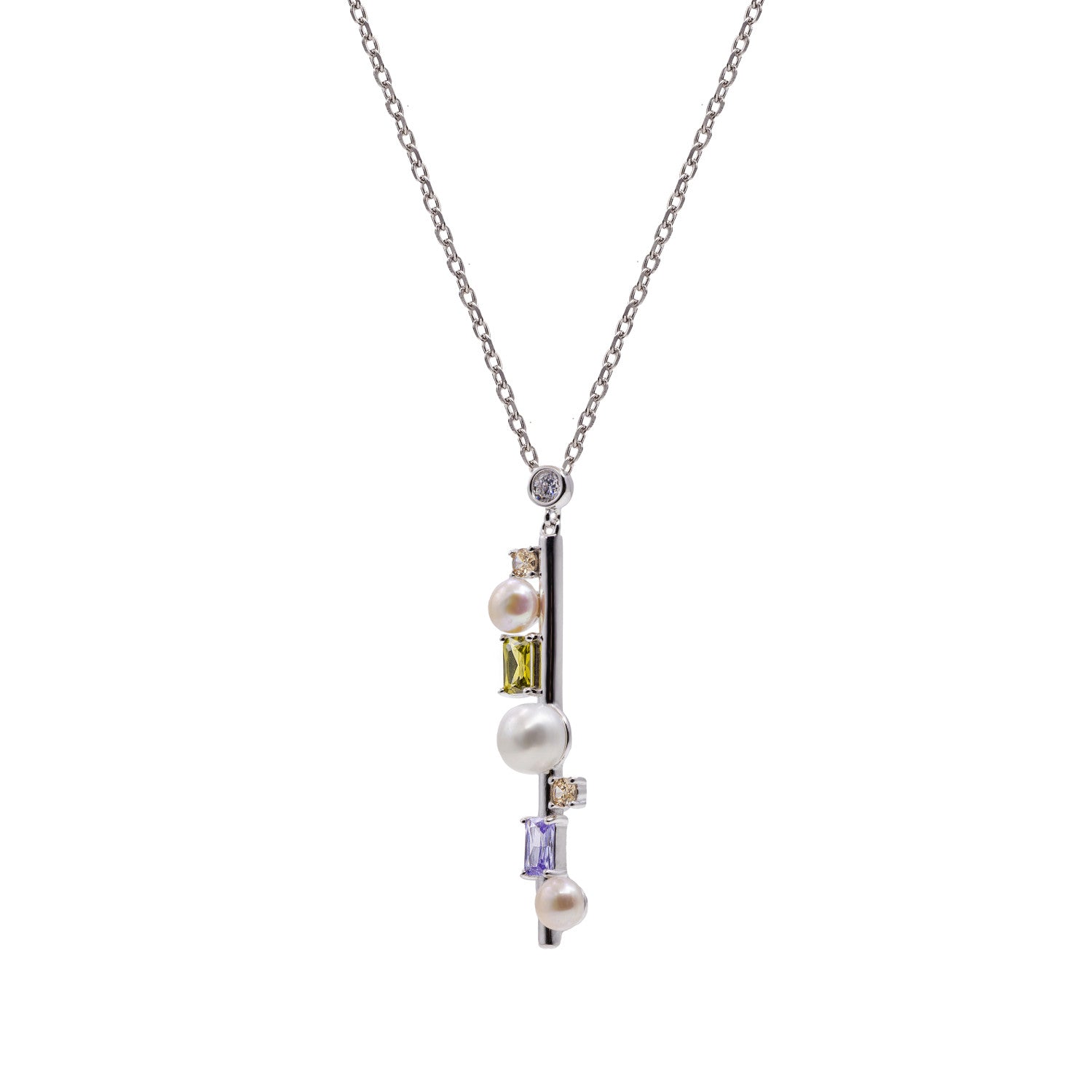 Collar de plata con colgante de perlas y piedras multicolor