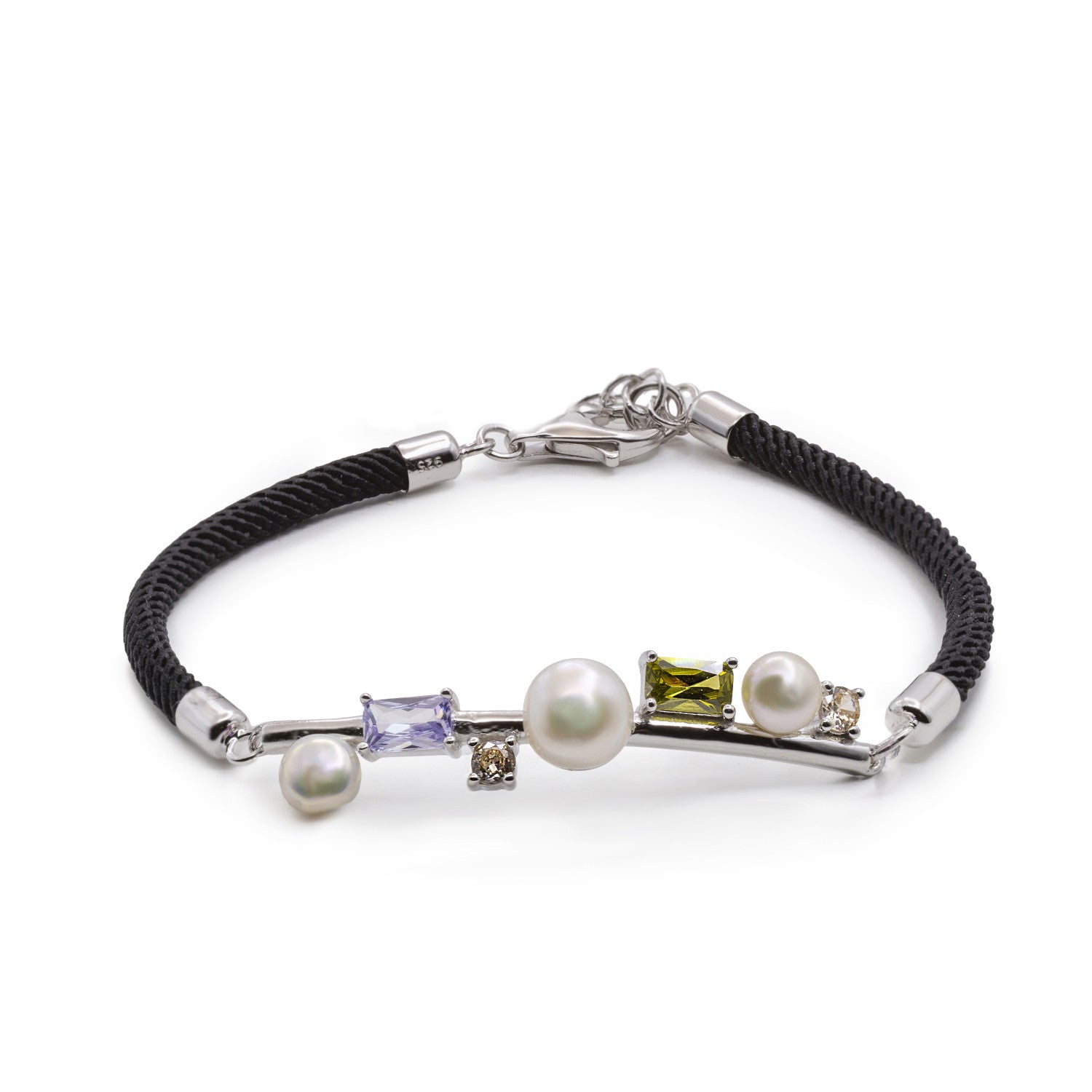 Pulsera de plata de ley con cordón negro  perlas y piedras de color