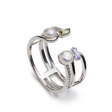 Anillo abierto de plata con perlas y piedras en tonos lila y verde oliva