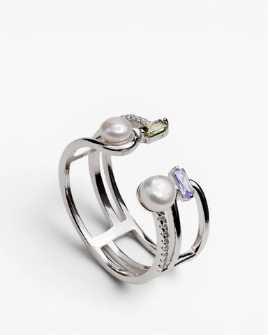 Anillo abierto de plata con perlas y piedras en tonos lila y verde oliva