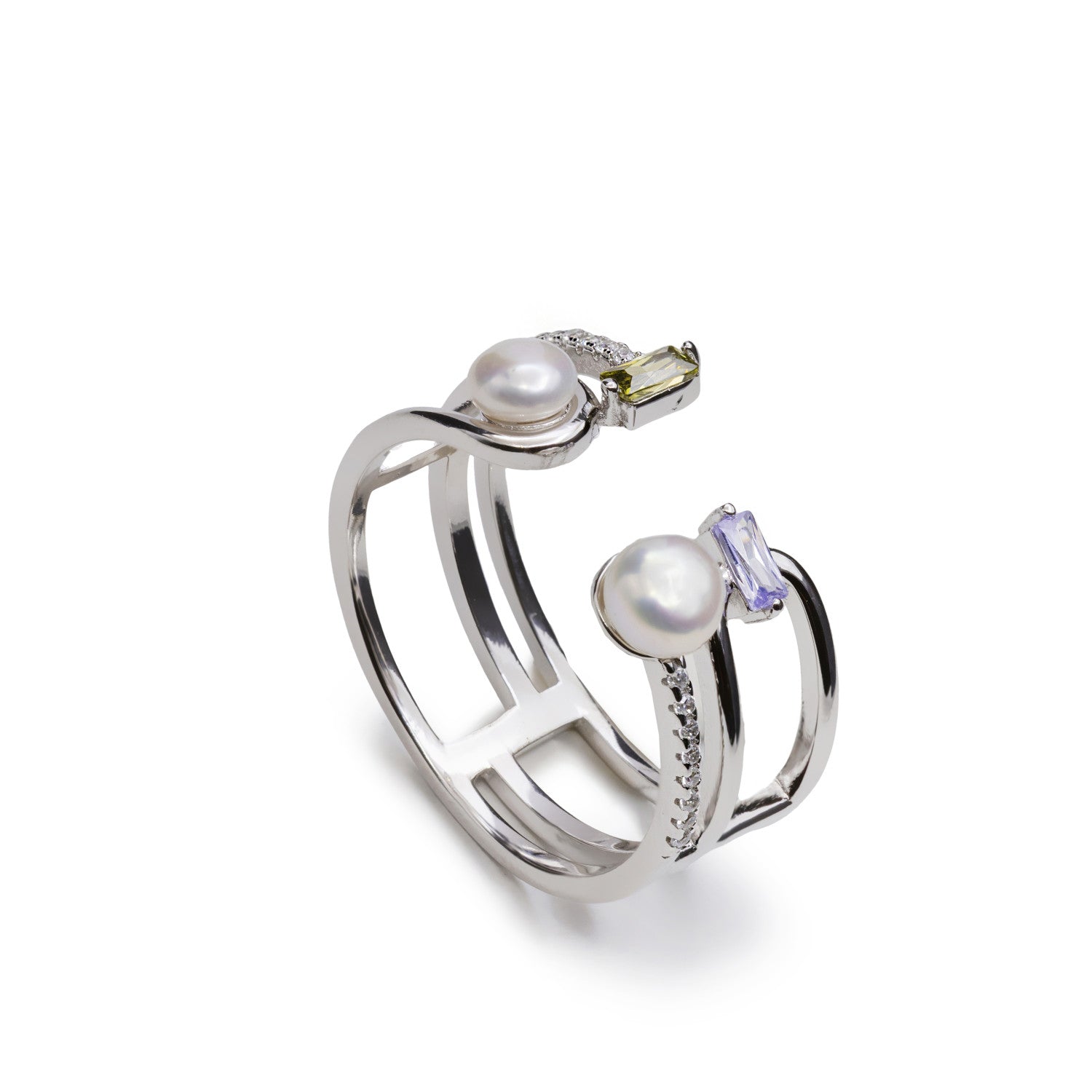Anillo abierto de plata con perlas y piedras en tonos lila y verde oliva