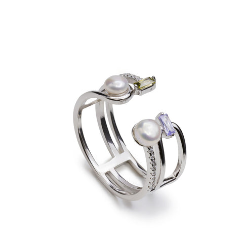 Anillo abierto de plata con perlas y piedras en tonos lila y verde oliva