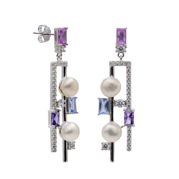 Pendientes largos de plata doble con perlas y piedras multicolor