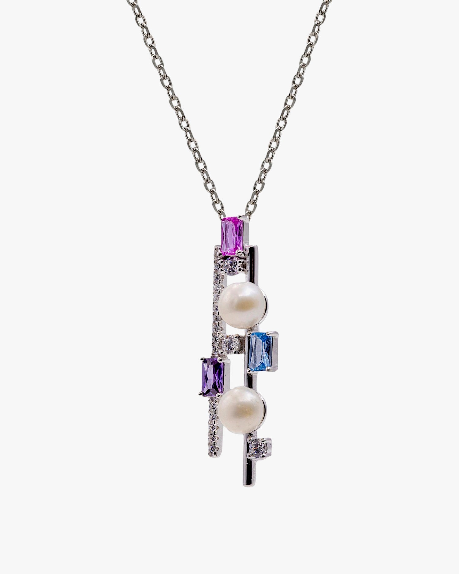 Collar colgante de plata con perlas y piedras multicolor