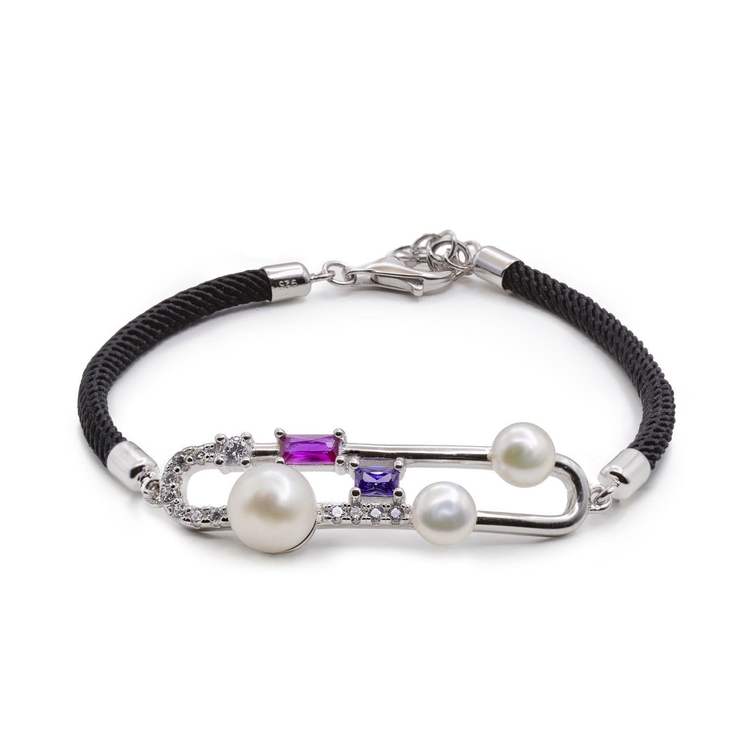 Pulsera de plata con perlas y piedras de color en cordón negro