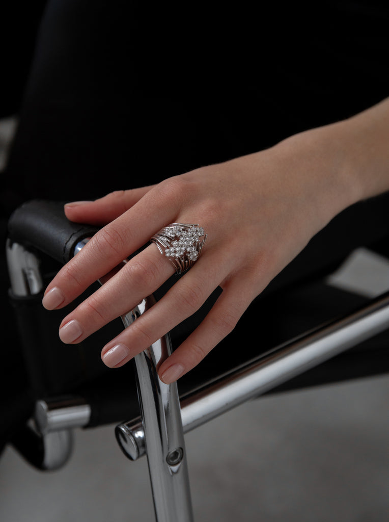 Large designer silver ring with cubic zirconia