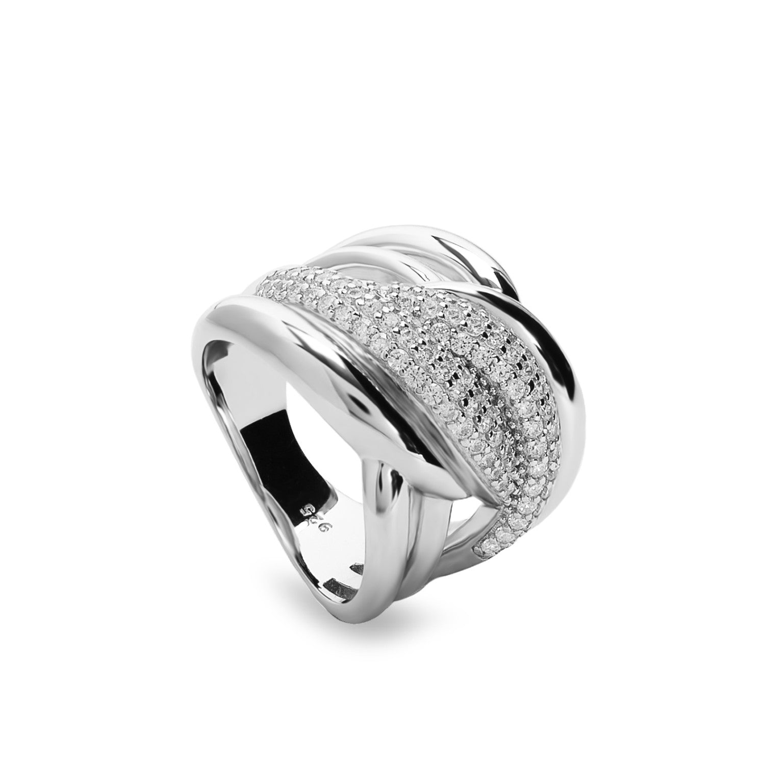 Anillo ancho cruzado de plata con circonitas