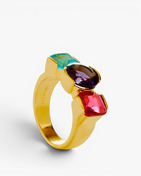 Gold-plated silver ring with violet and fuchsia turquoise stones