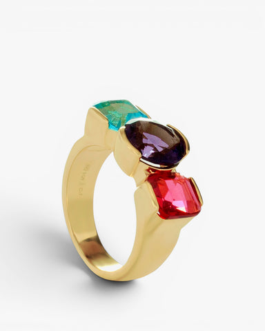 Gold-plated silver ring with violet and fuchsia turquoise stones