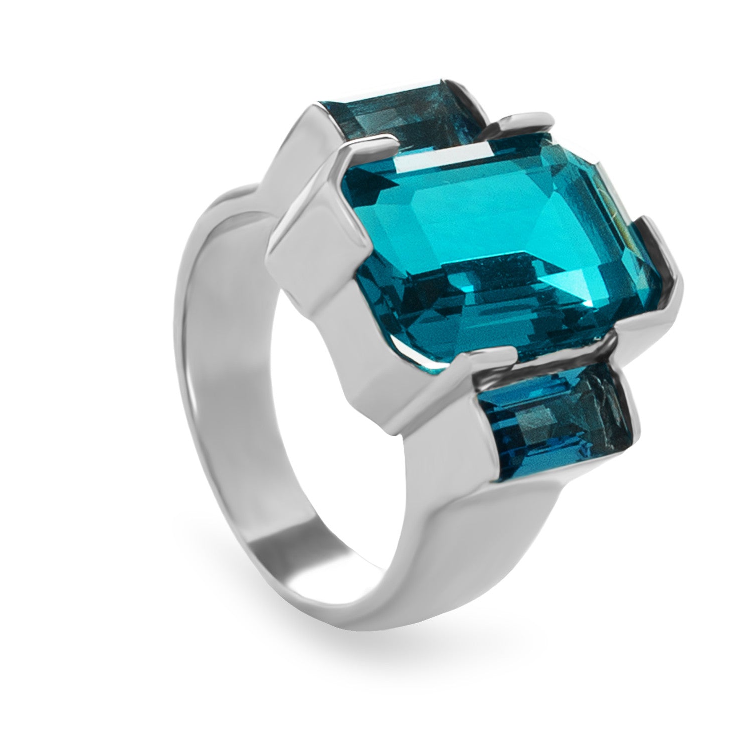 Anillo de plata con piedras rectangulares azul océano