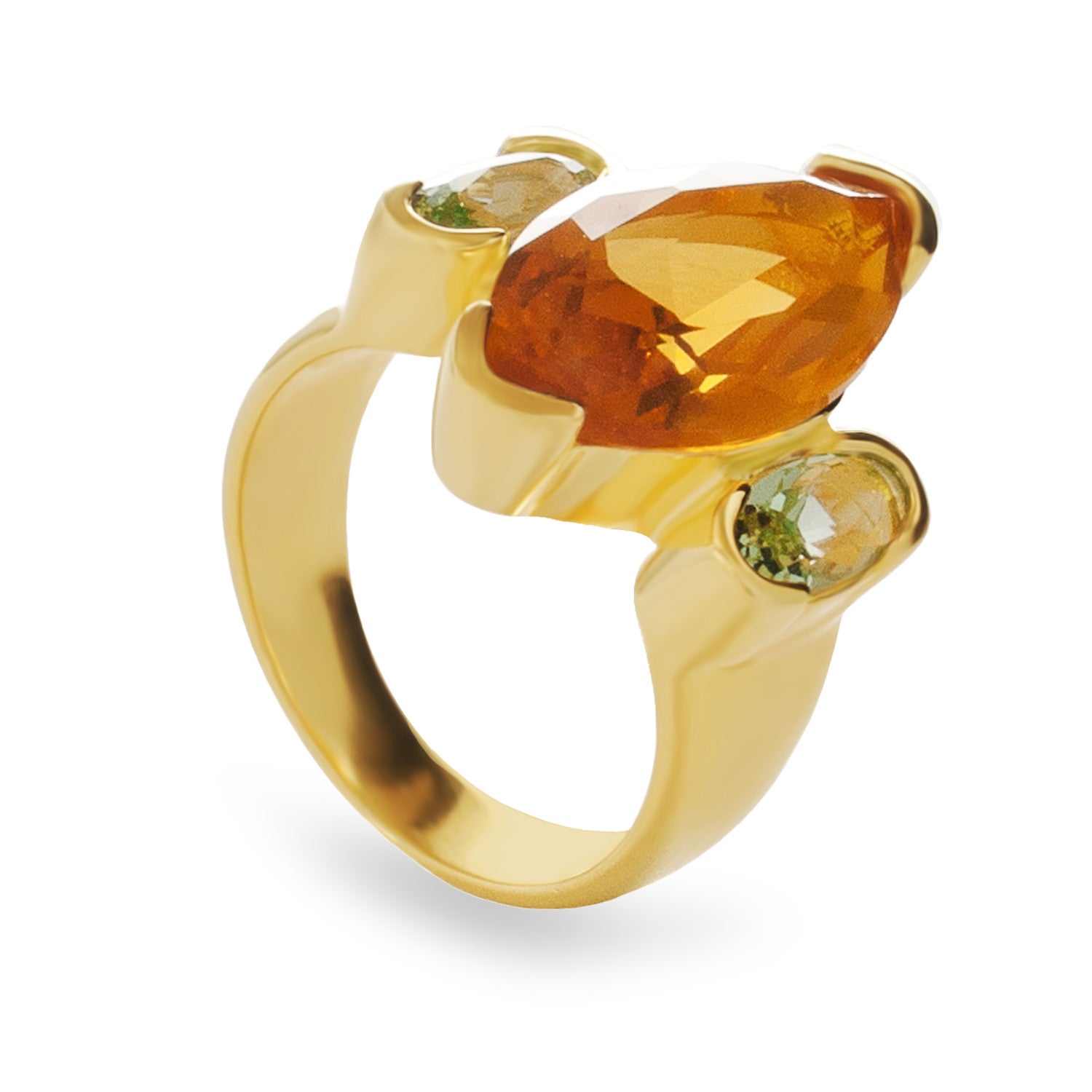 Anillo de plata bañado en oro con piedra naranja ámbar y detalles verdes