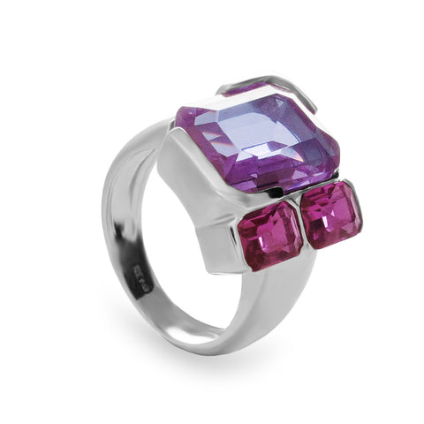 Anillo de plata con piedras lila y fucsia