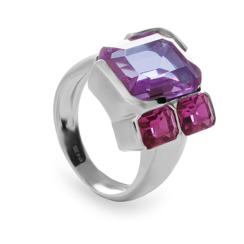 Anillo de plata con piedras lila y fucsia