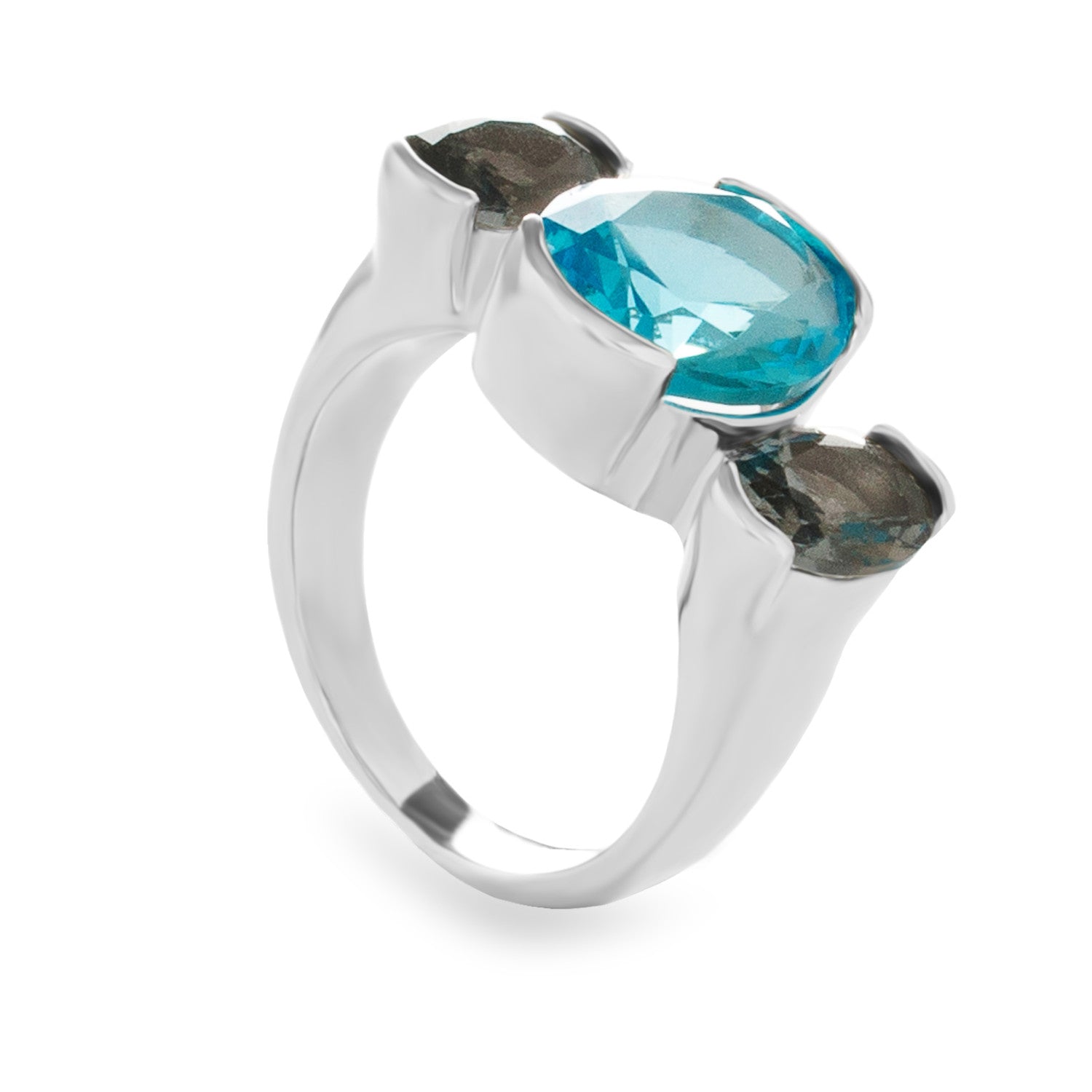 Anillo de plata con piedra aguamarina y detalles gris humo