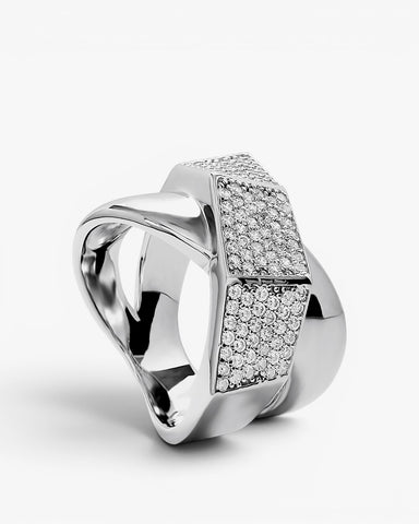 Anillo ancho de plata 925 con doble placa de circonitas