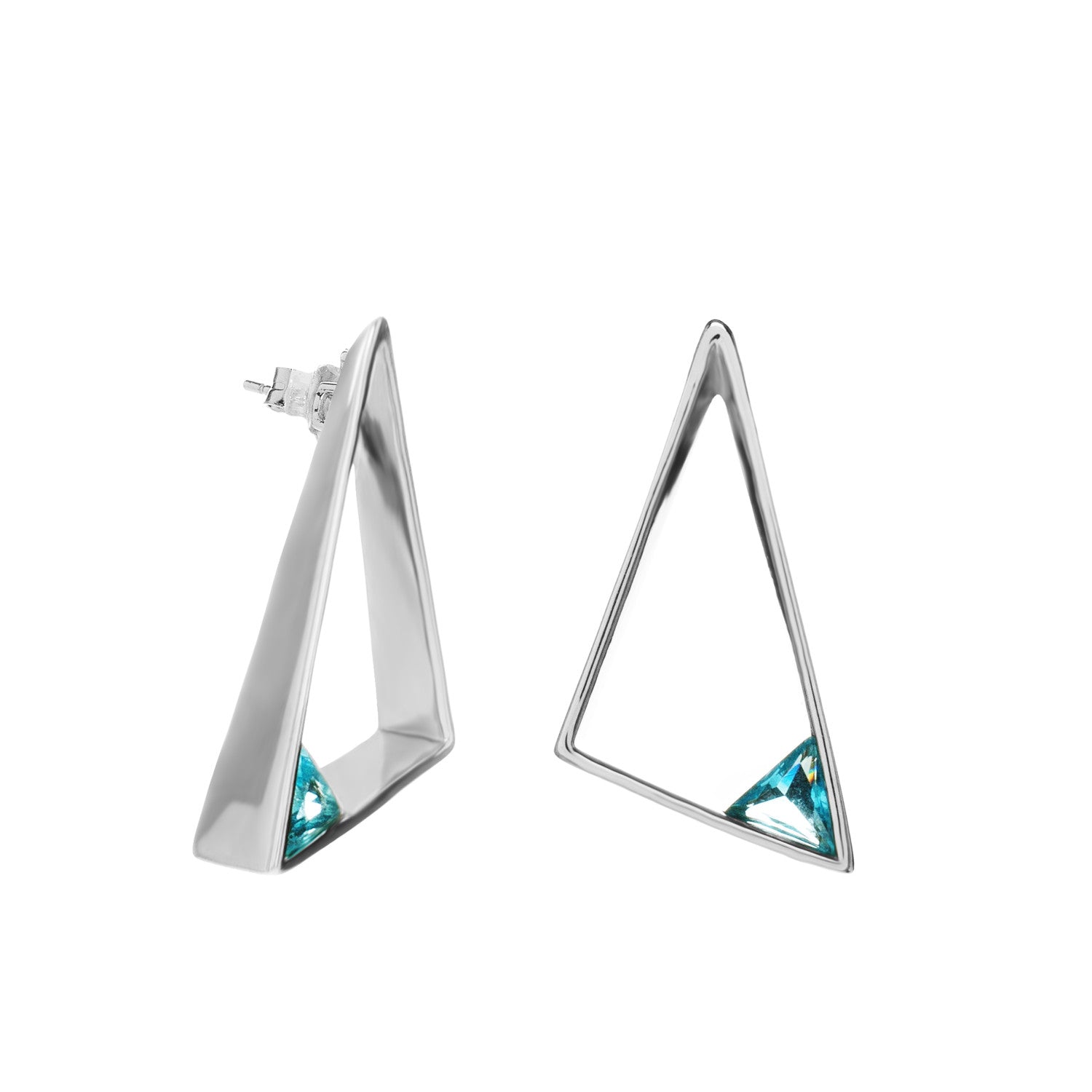 Geometric triangular silver earrings with blue stone