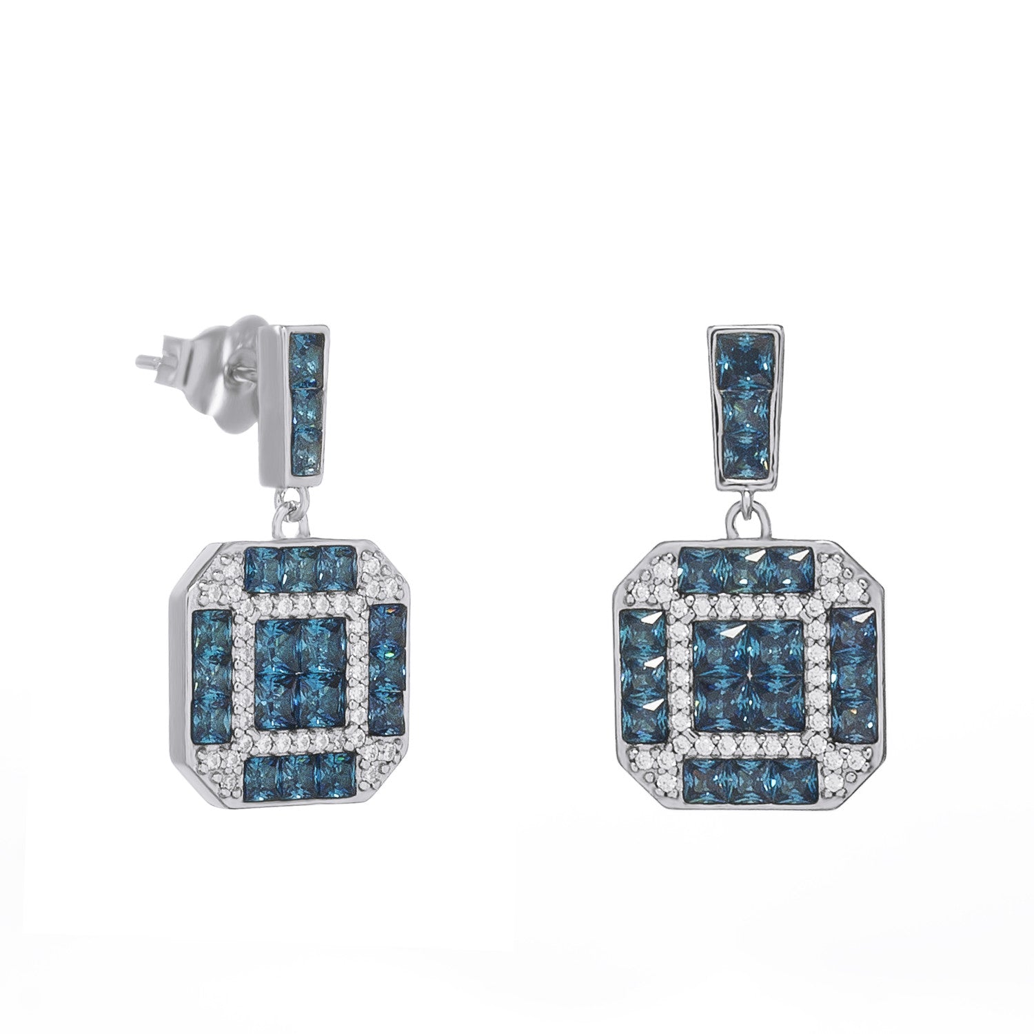 Pendientes colgantes de plata con piedras azules y circonitas blancas