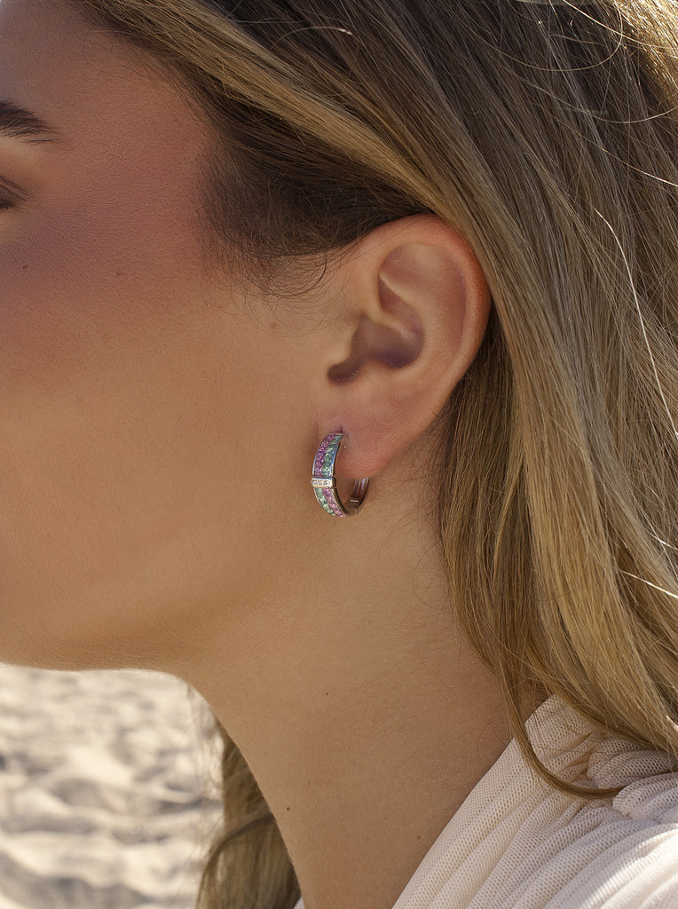 Silver earrings with pink and green stones