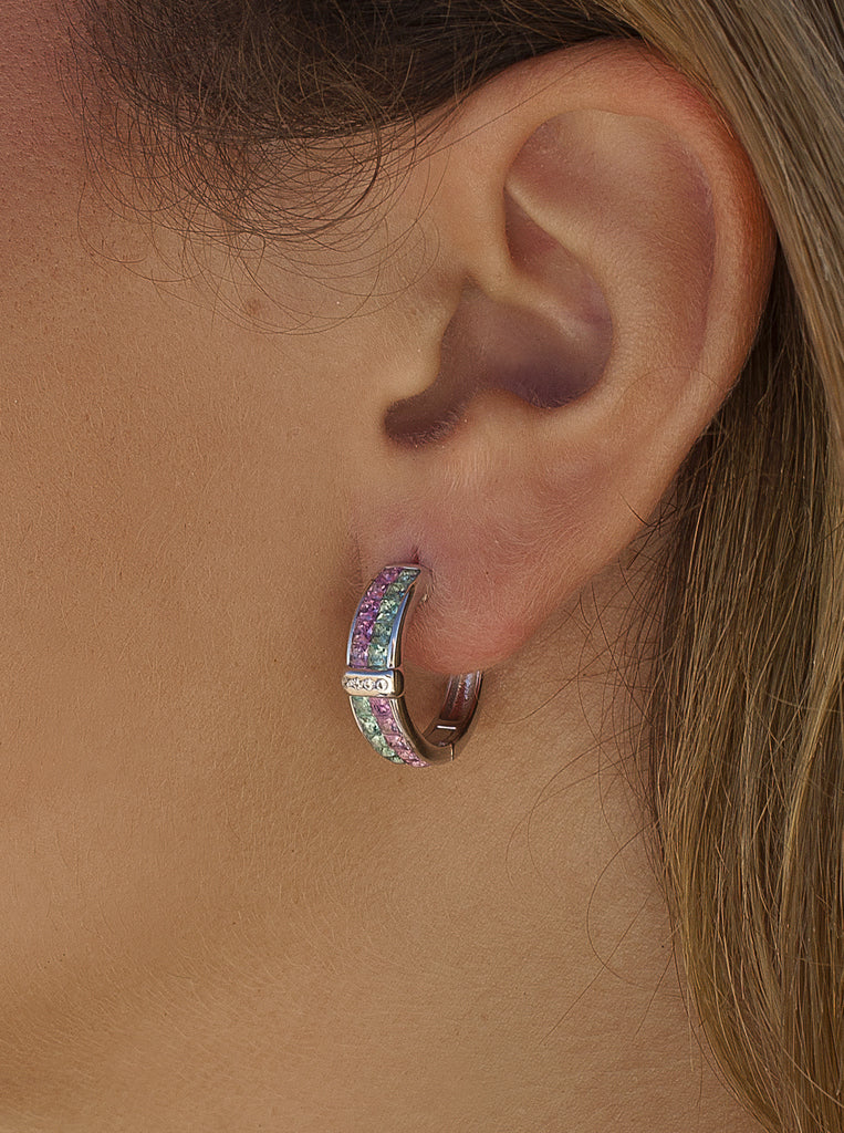 Silver earrings with pink and green stones