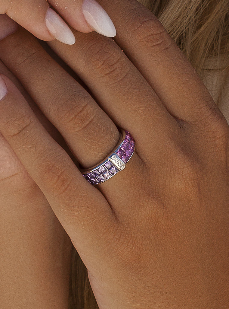 Silver ring with pink and lilac stones