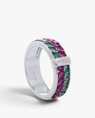 Anillo de plata con piedras rosas y verdes