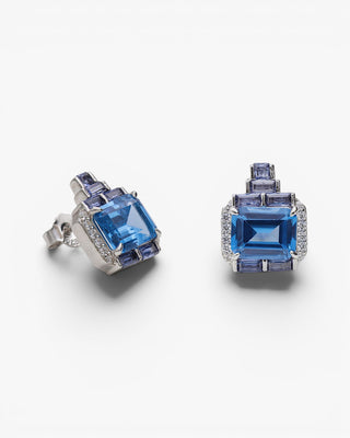 Pendientes de plata con piedras azules y detalles lila
