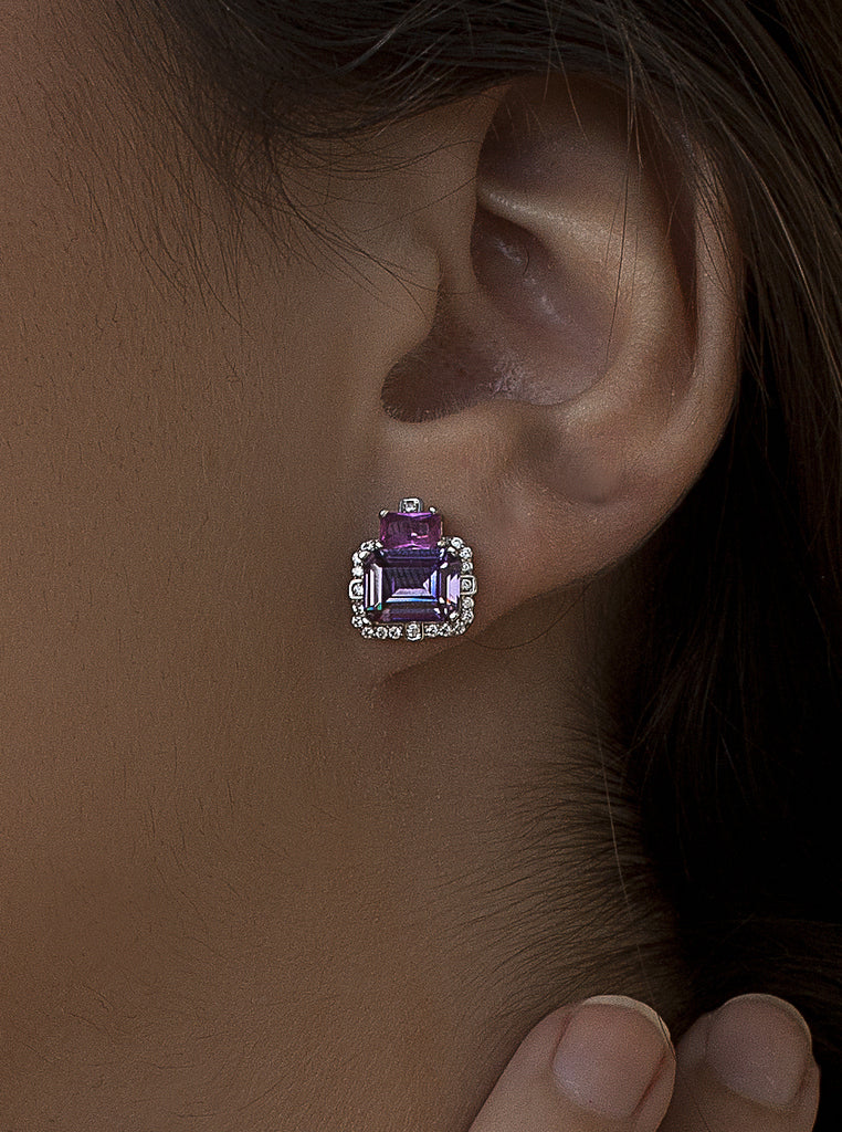 Pendientes de plata geométricos lila y fucsia