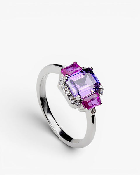 Silver ring with a lilac stone and fuchsia stones
