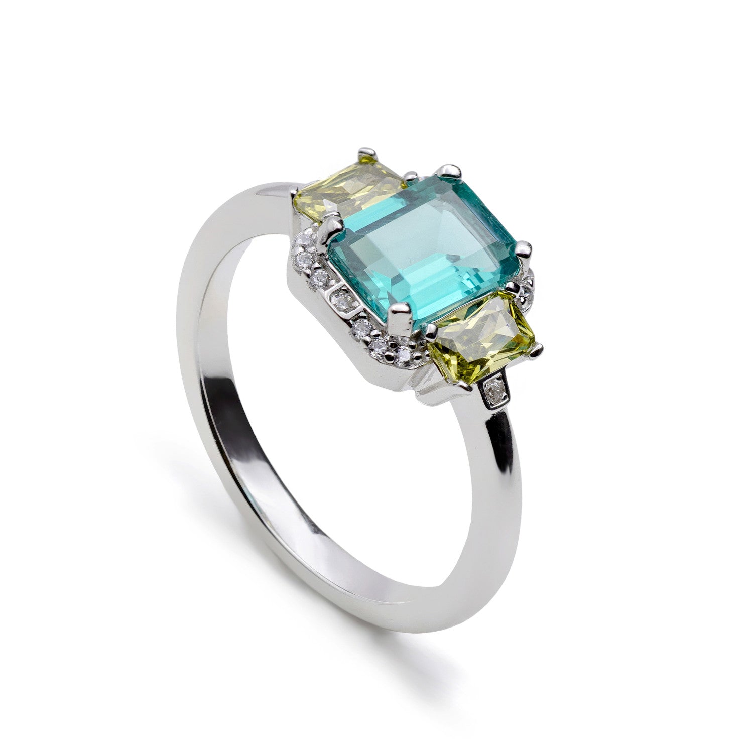 Anillo de piedras de colores aguamarina y amarillo