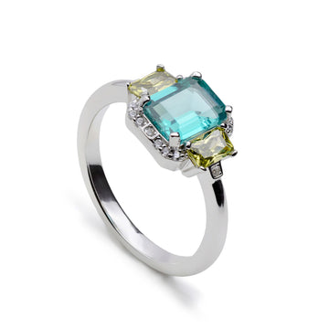 Anillo de piedras de colores aguamarina y amarillo