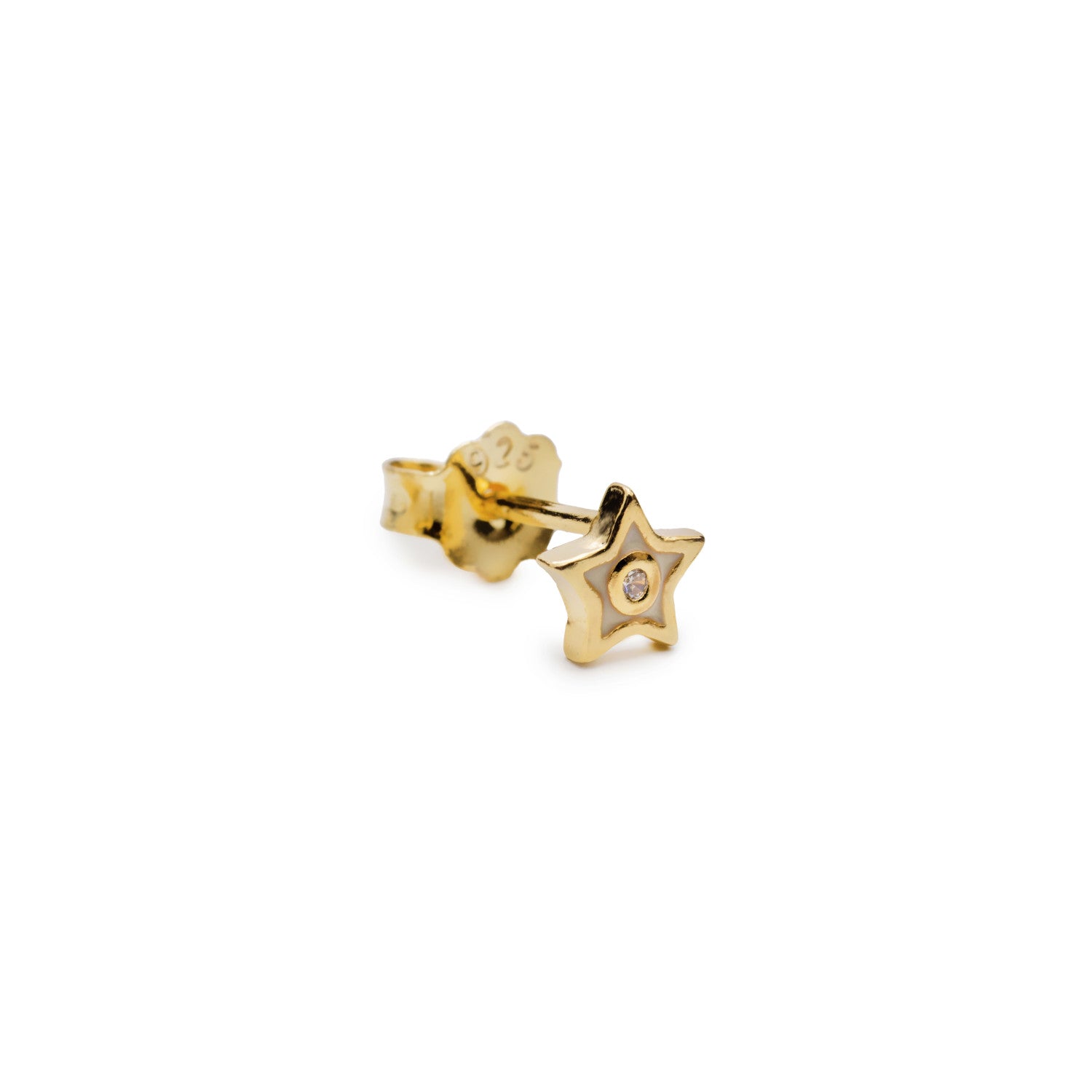Pendiente estrella mini con esmalte blanco de plata bañada en oro y circonita