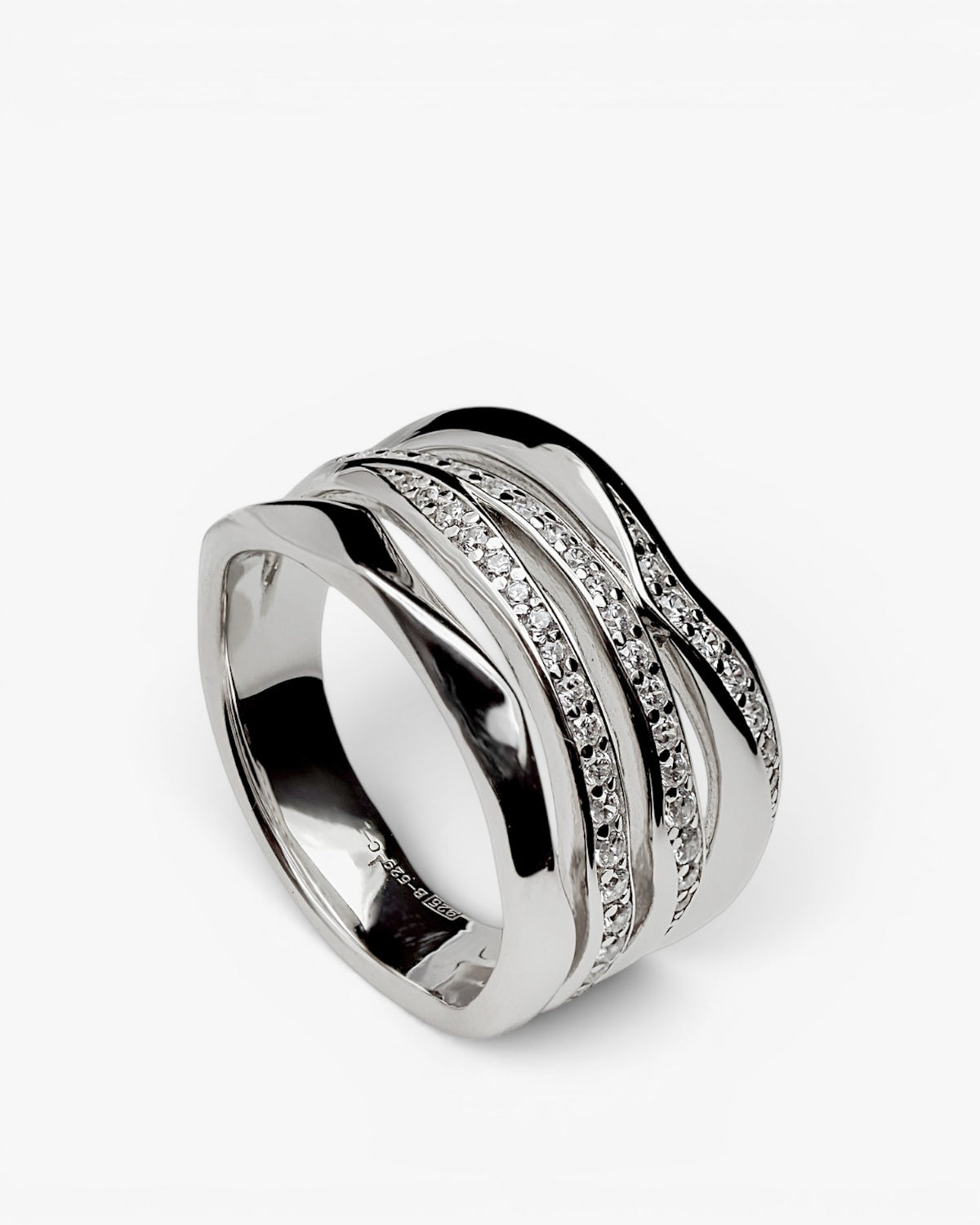 Anillo ancho de plata 925 con ondas combinados y circonitas