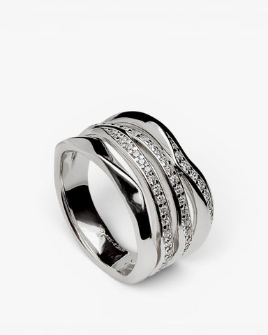 Anillo ancho de plata 925 con ondas combinados y circonitas