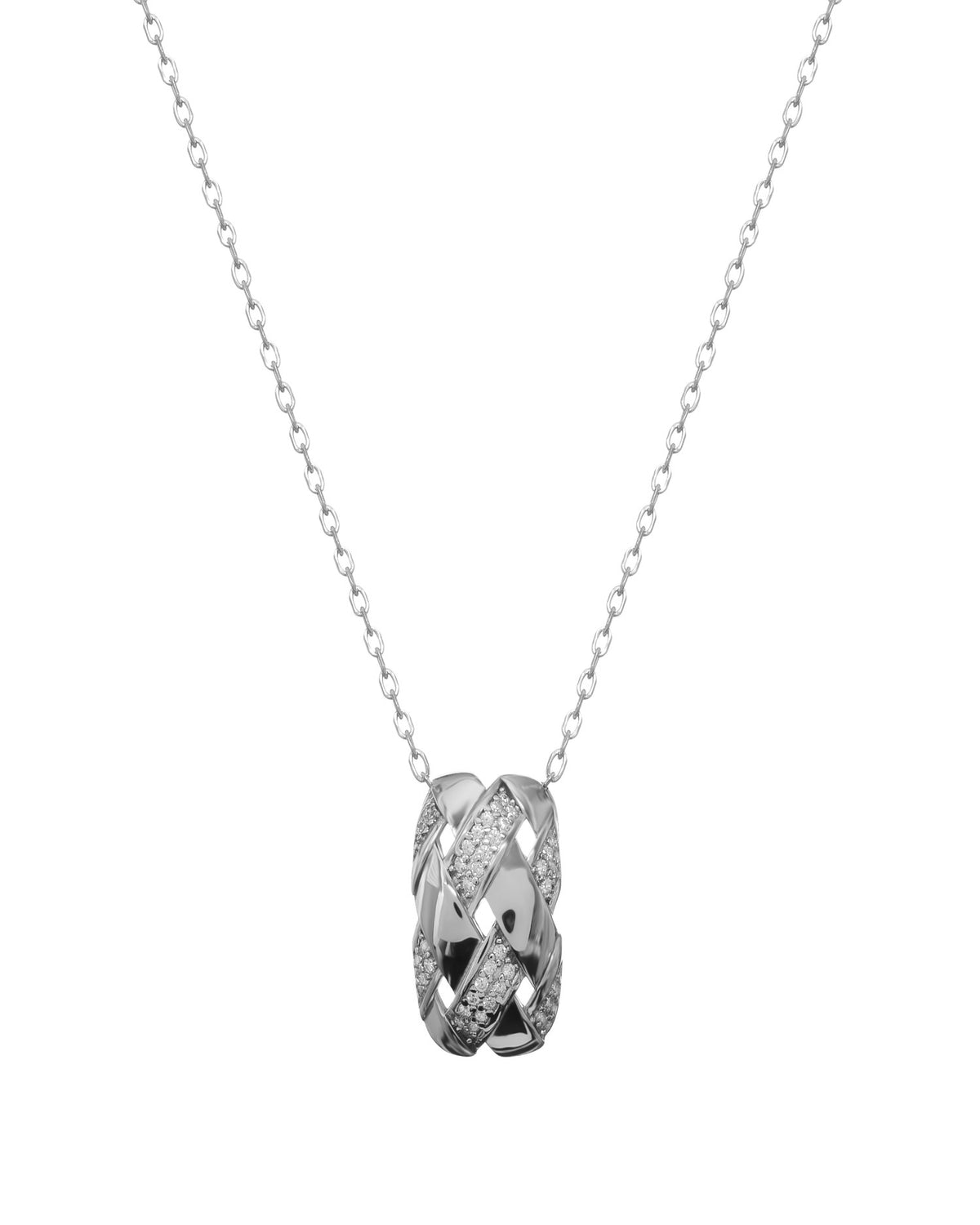 Silver necklace with interlocking pendant and cubic zirconia