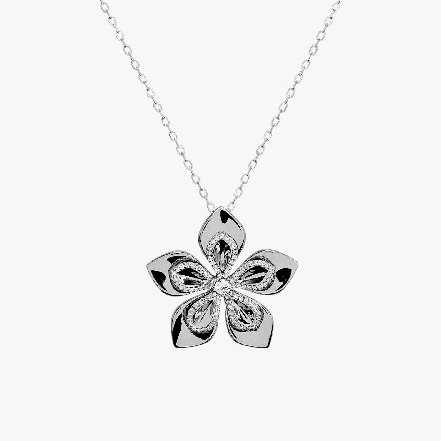 Collar de plata flor doble de cinco pétalos con circonitas