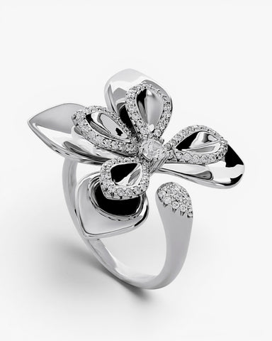 Anillo abierto de plata flor de cinco pétalos con circonitas