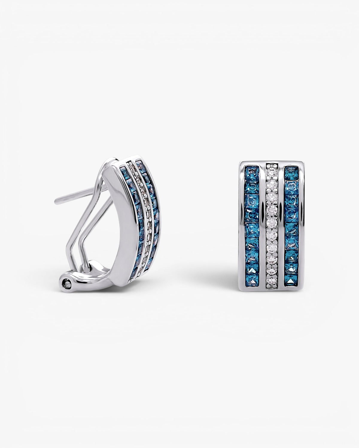 Silver earrings with linear blue cubic zirconia