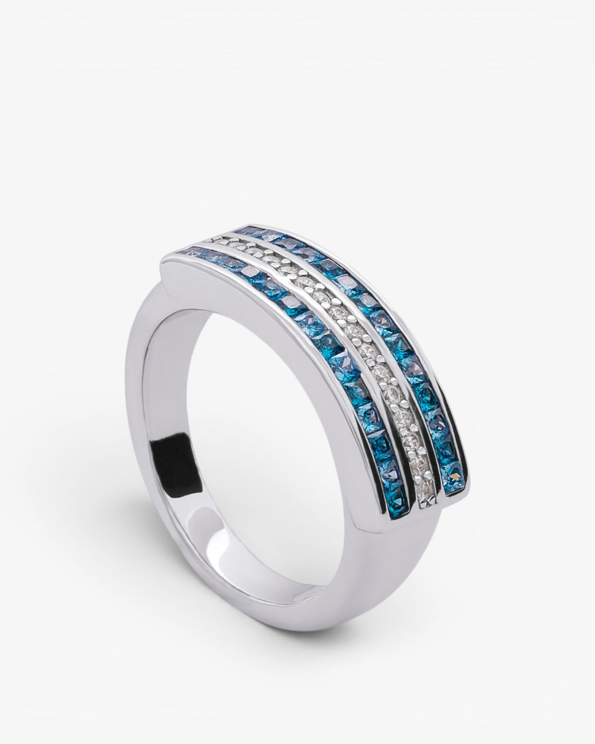 Wide silver ring with blue cubic zirconia